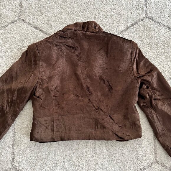 Brown Velvet Cropped Blazer Jacket Single Button Closure Sz 12 - Picture 6 of 8
